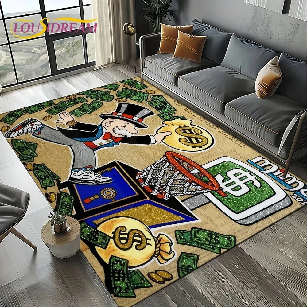 3D Rich Man Game Monopoly Dollar Cartoon Rug – Non-Slip Floor Mat