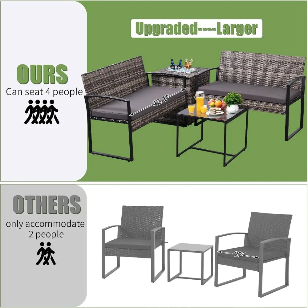 4-Piece Wicker Patio Set with Built-In Beverage Cooler & Storage