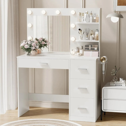Vanity Desk with Mirror, 10 Lights & 4 Drawers