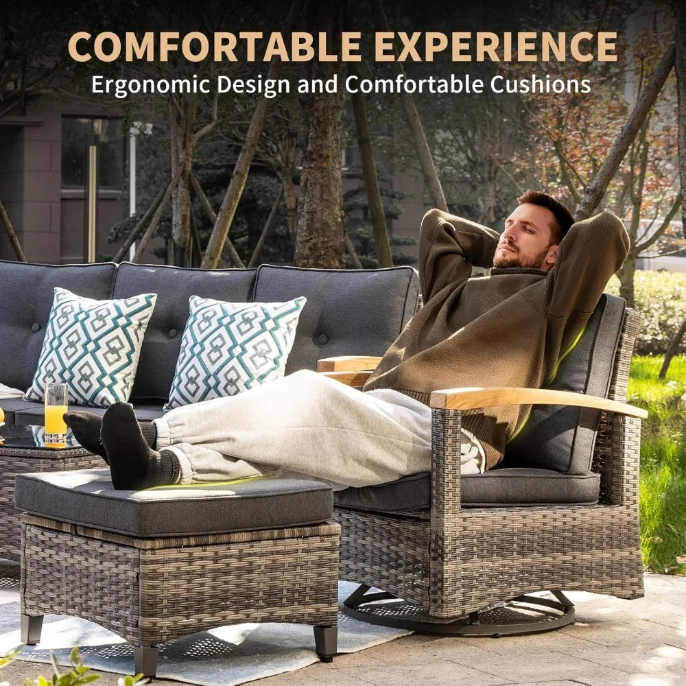 PE Wicker Patio Conversation Set – Swivel Rockers, Ottomans & 3-Seat Sofa