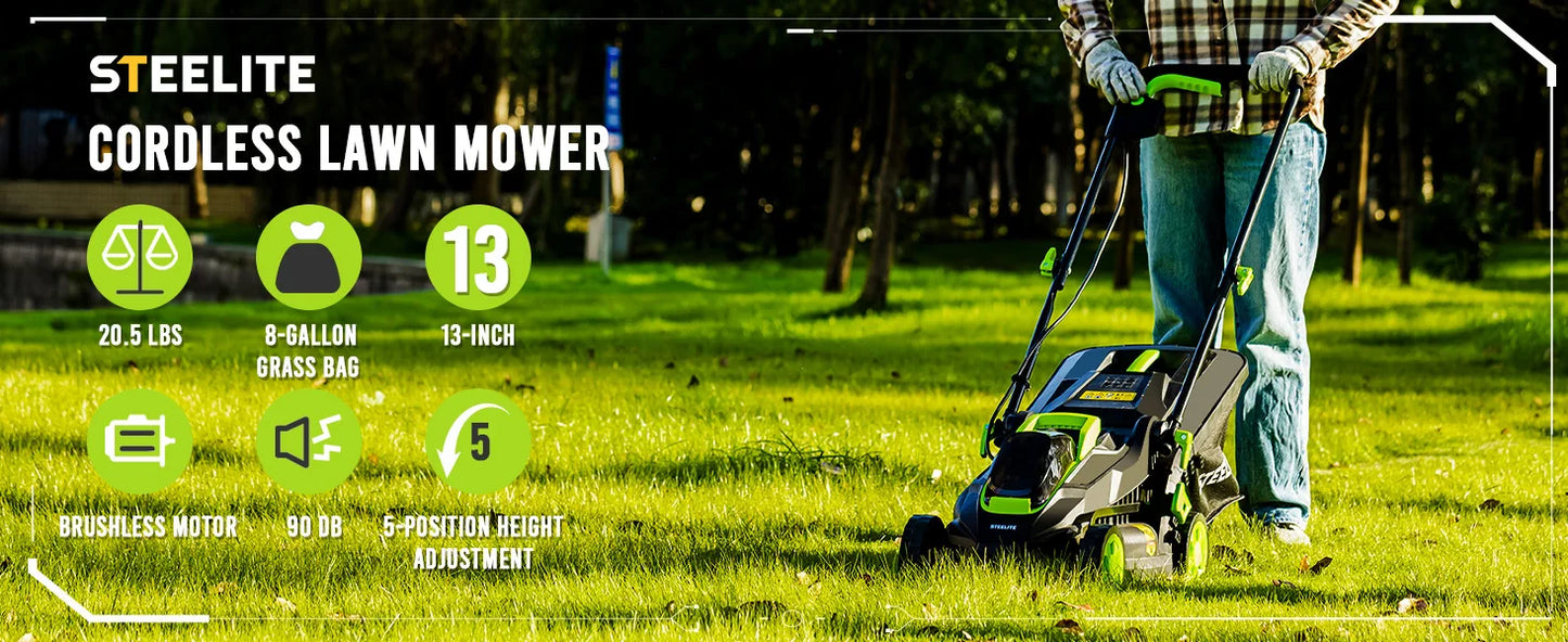 Deli 13" Cordless Electric Lawn Mower – 2-in-1 Brushless with 21V Battery