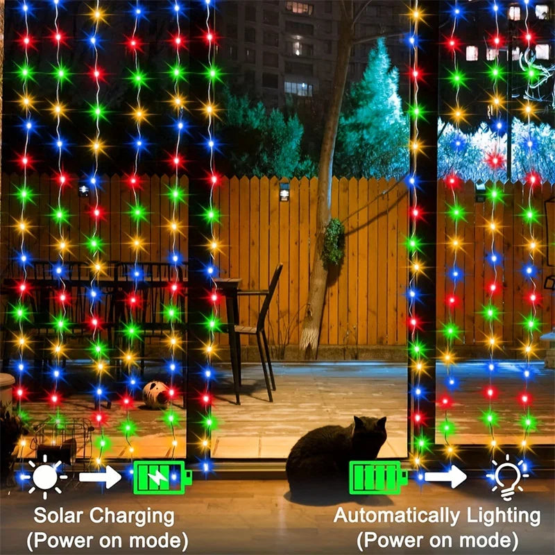 Solar LED Curtain Fairy Lights – Outdoor Copper String Garland