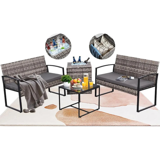 4-Piece Wicker Patio Set with Built-In Beverage Cooler & Storage