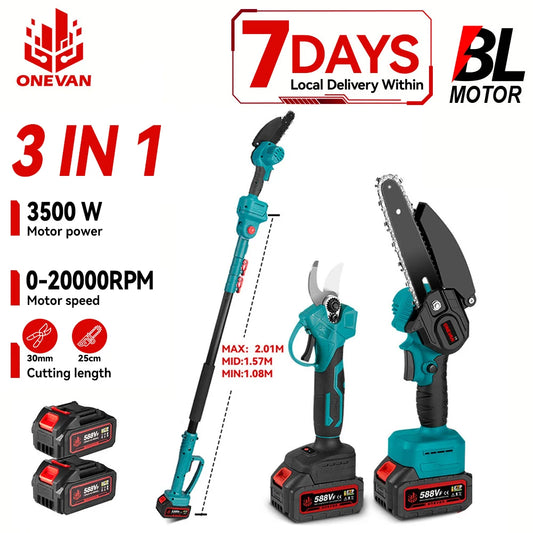 ONEVAN 3500W 2-in-1 Brushless Pole Chainsaw & Pruner – 18V Battery Compatible