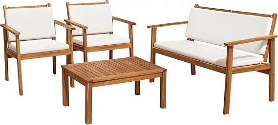 4-Piece Acacia Wood Patio Conversation Set – Sofa, Chairs & Table with Cushions
