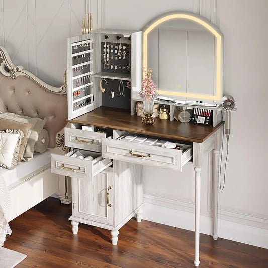 Vintage Brown Vanity Desk with Mirror & Jewelry Storage