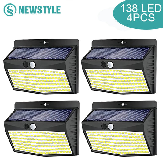 138-LED Solar Motion Sensor Wall Lights – 4-Pack Waterproof Outdoor Lamps