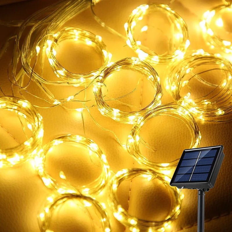 Solar LED Curtain Fairy Lights – Outdoor Copper String Garland
