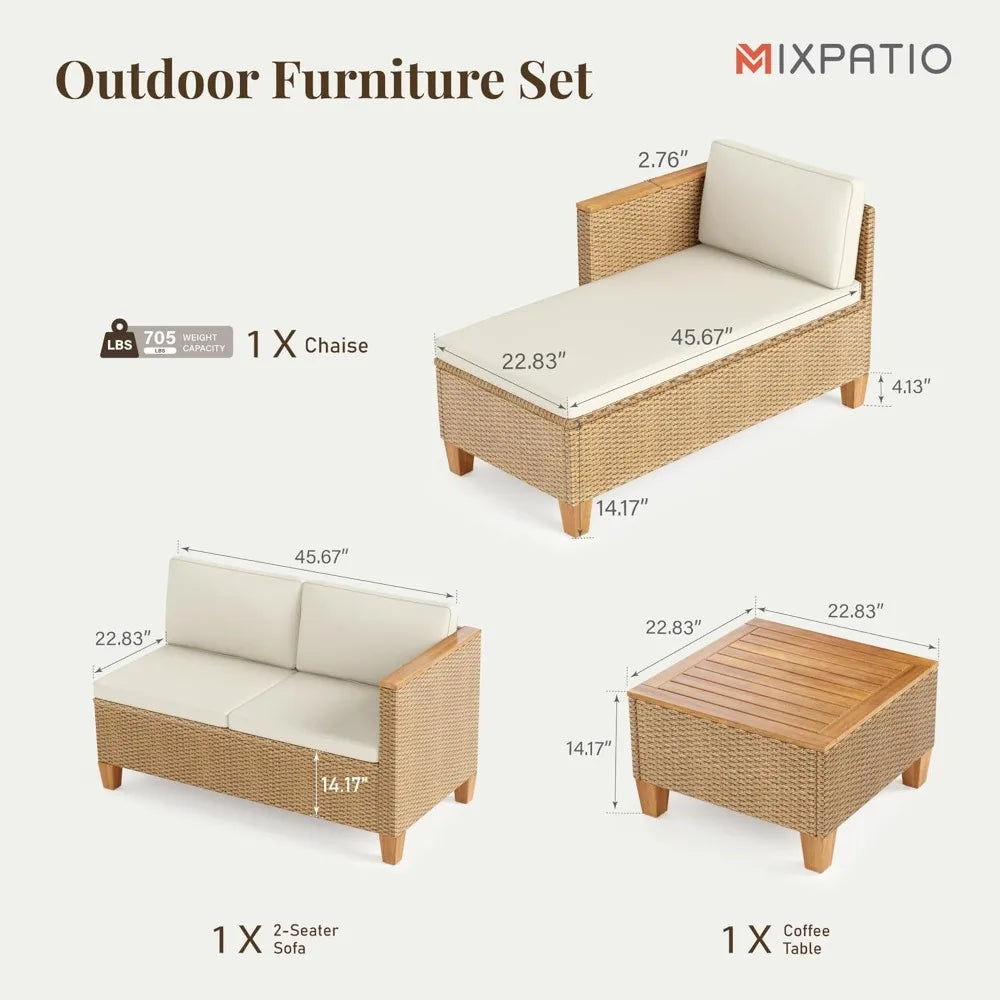 3-Piece Rattan Patio Chaise Lounge Set – L-Shaped Sofa with Acacia Wood Table