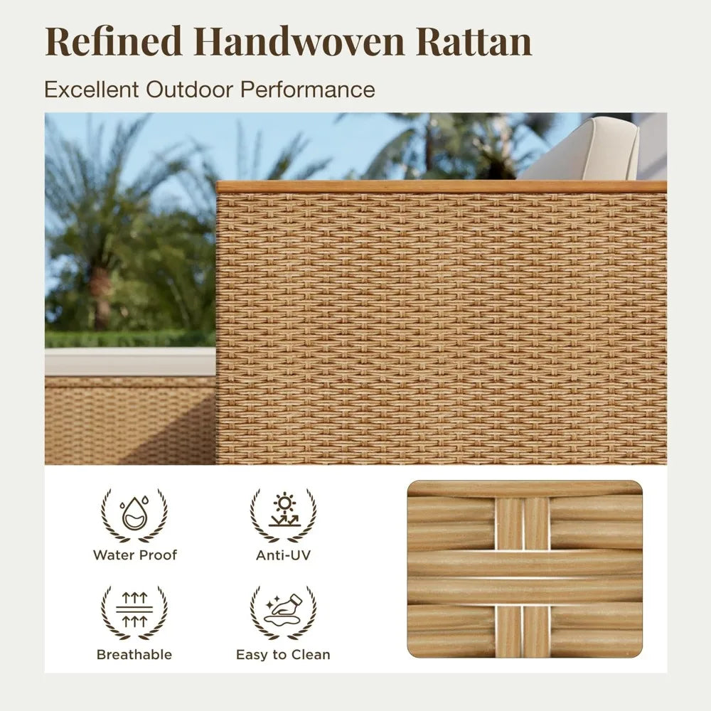 3-Piece Rattan Patio Chaise Lounge Set – L-Shaped Sofa with Acacia Wood Table