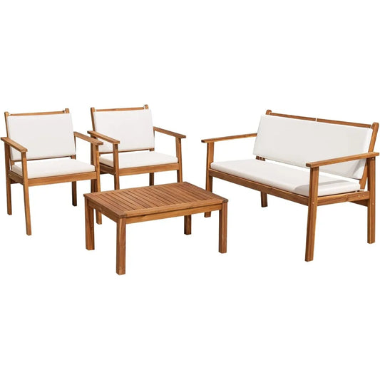 4-Piece Acacia Wood Patio Conversation Set – Sofa, Chairs & Table with Cushions