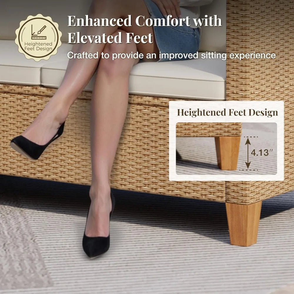 3-Piece Rattan Patio Chaise Lounge Set – L-Shaped Sofa with Acacia Wood Table