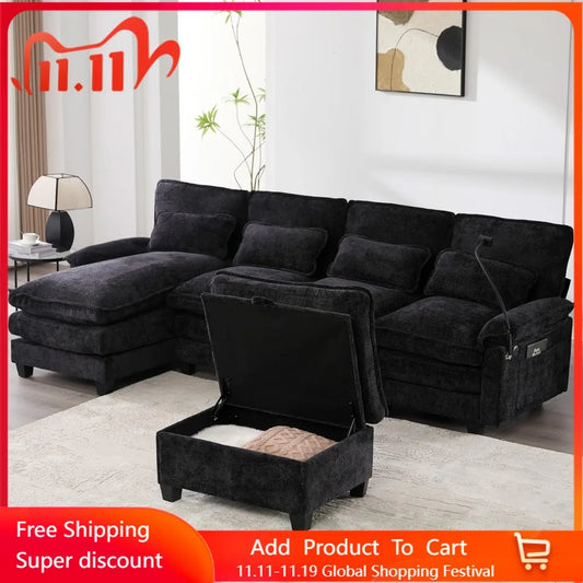 U-Shaped Modular Cloud Sectional Sofa – Chenille with Storage Ottoman
