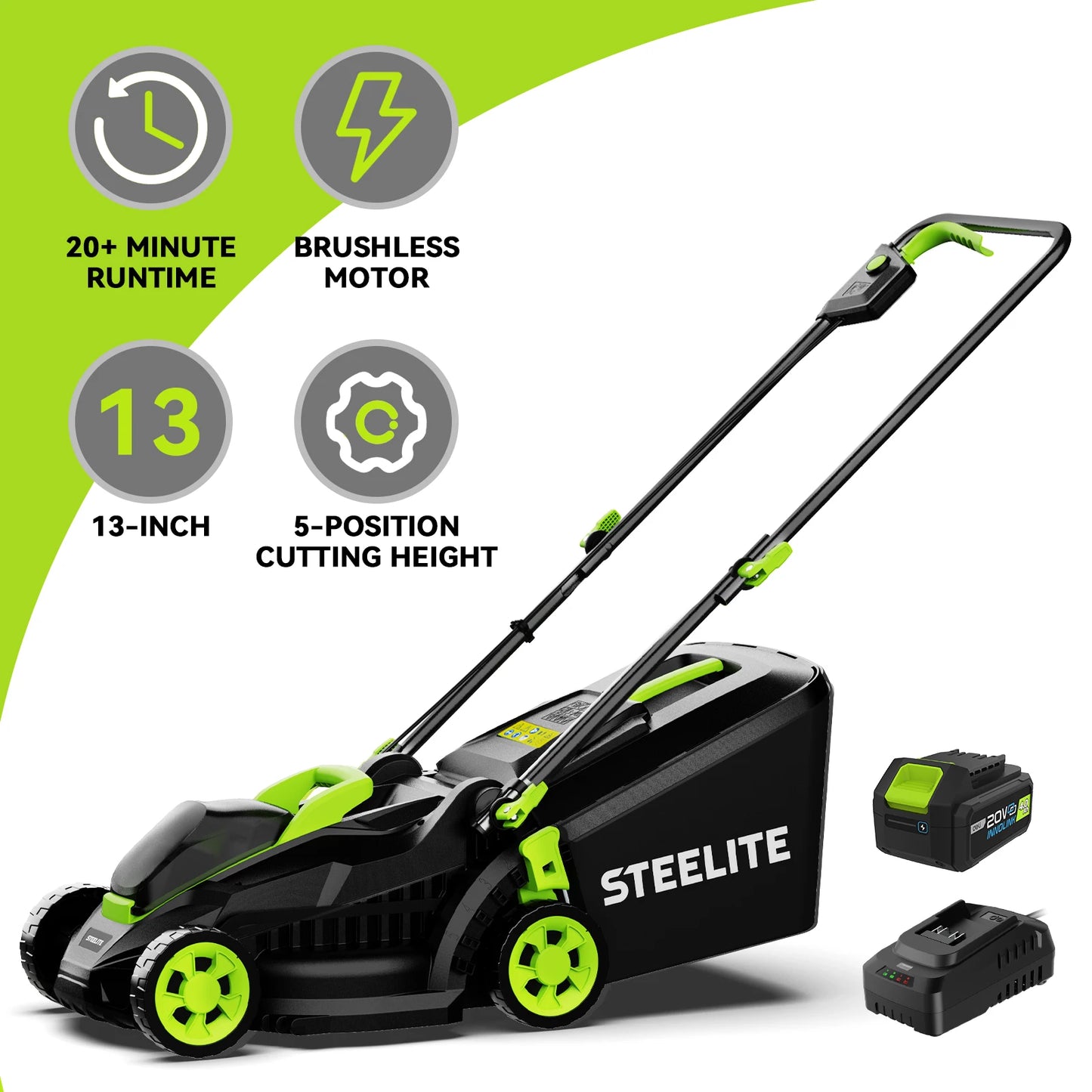 Deli 13" Cordless Electric Lawn Mower – 2-in-1 Brushless with 21V Battery