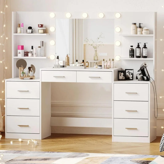 Irontar 61.9" Large White Vanity Desk – Mirror with Lights & 8 Drawers