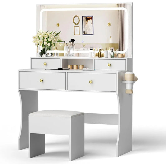 Golden Vanity Desk with Mirror, Lights & Charging Station