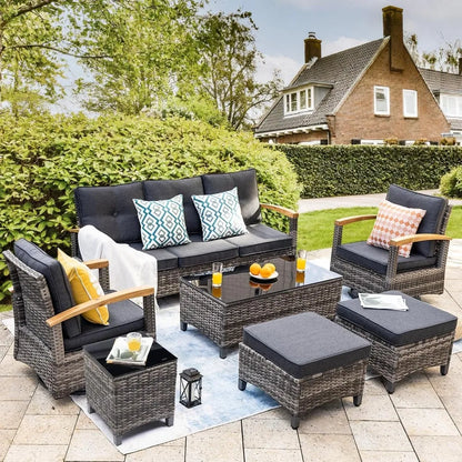PE Wicker Patio Conversation Set – Swivel Rockers, Ottomans & 3-Seat Sofa