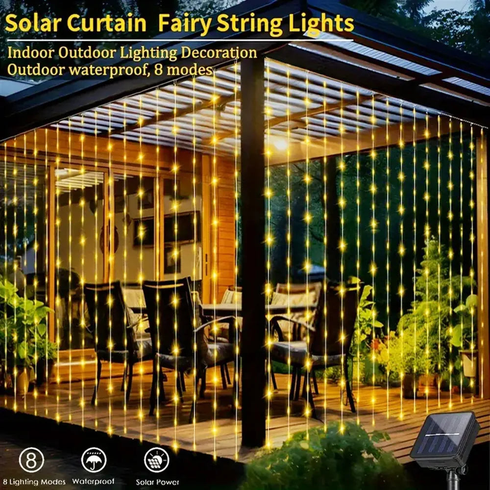 Solar LED Curtain Fairy Lights – Outdoor Copper String Garland