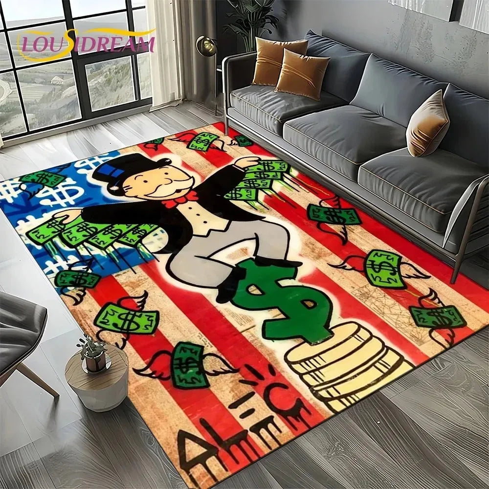 3D Rich Man Game Monopoly Dollar Cartoon Rug – Non-Slip Floor Mat