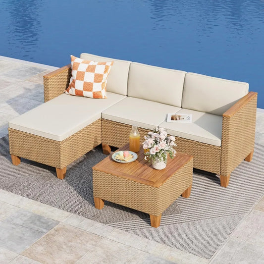 3-Piece Rattan Patio Chaise Lounge Set – L-Shaped Sofa with Acacia Wood Table