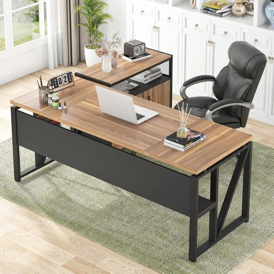 63" L-Shaped Executive Desk with Drawer Cabinet – 2-Piece Home Office Set