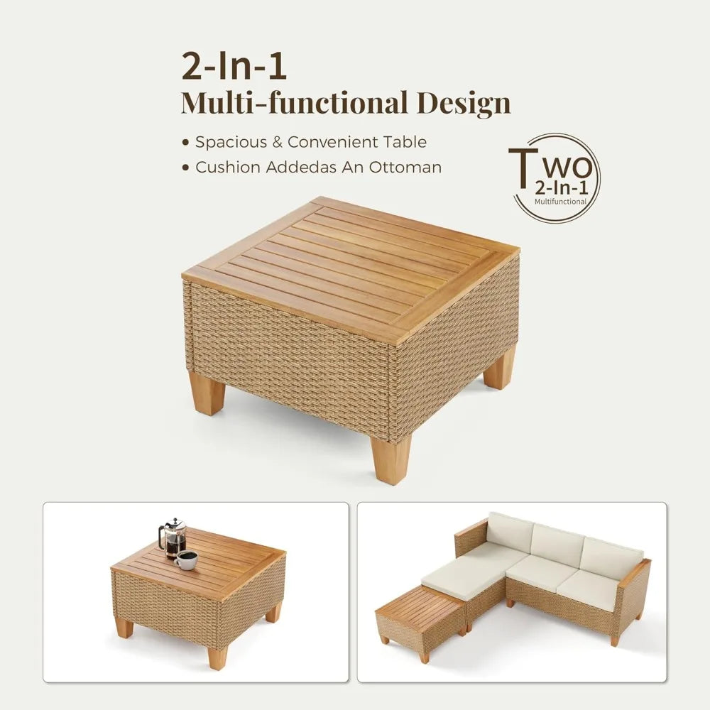 3-Piece Rattan Patio Chaise Lounge Set – L-Shaped Sofa with Acacia Wood Table