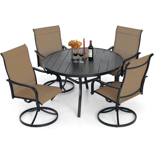 5-Piece Outdoor Dining Set – 48" Round Table & 4 Swivel Chairs (Brown)