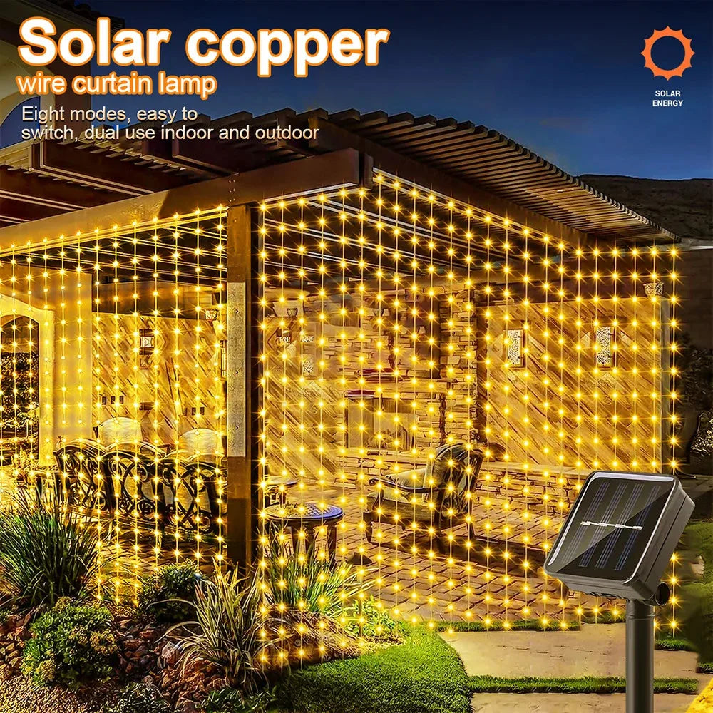 Solar LED Curtain Fairy Lights – Outdoor Copper String Garland